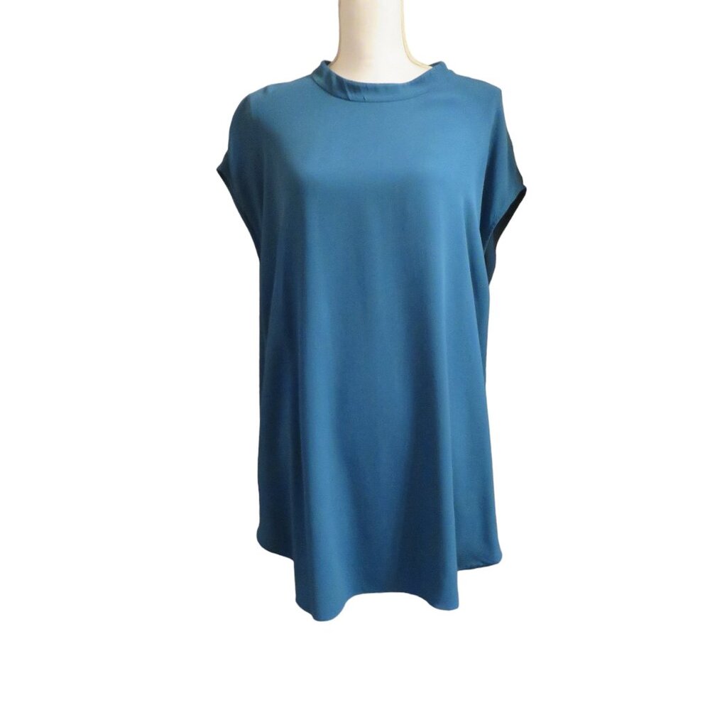 ⭐️⭐️HP2⭐️⭐️Eileen Fisher-Blue/Teal Cap Sleeve Tunic, High/Low Hem-Silk, L, EUC